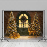 Aperturee - Aperturee Elegant Christmas Door Photography Backdrop Green Door with Gold Reindeer Snowy Holiday Mini Session Background